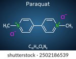 Paraquat, methyl viologen  molecule. It is herbicide, pesticide. Structural chemical, dark blue background. Vector illustration