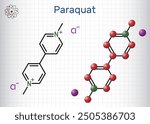 Paraquat, methyl viologen  molecule. It is herbicide, pesticide. Structural chemical formula, molecule model. Sheet of paper in a cage. Vector illustration