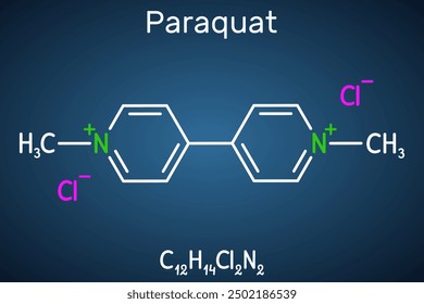 Paraquat, methyl viologen  molecule. It is herbicide, pesticide. Structural chemical, dark blue background. Vector illustration
