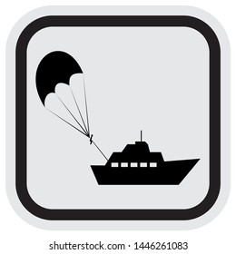 parasailing, black silhouette of parachute and boat at gray and black frame, vector icon