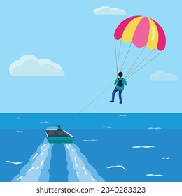 Parasailing concept banner cartoon vector. Parachute boat. Sea beach fly