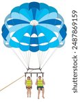 parasailing, couple under a blue parachute in mid air isolated on a white background