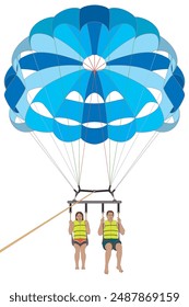 parasailing, pareja bajo un paracaídas azul en el aire aislado sobre un fondo blanco