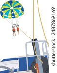 parasailing, couple under a colorful parachute in mid air towed behind a motor boat isolated on a white background