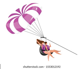 Parasailing flat vector illustration. Extreme sports experience. Active lifestyle. Summer vacation fun activities for couple. People on parachute isolated cartoon character on white background
