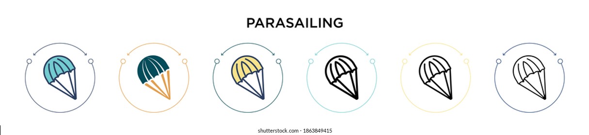 Parasailing icon in filled, thin line, outline and stroke style. Vector illustration of two colored and black parasailing vector icons designs can be used for mobile, ui, web