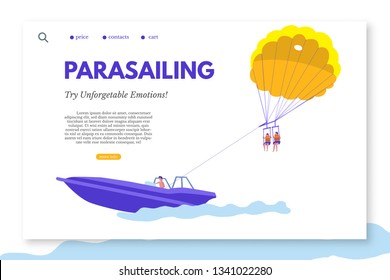 Parasailing landing page template with text space. Unforgettable experience. Sea resort and beach activities vector web banner layout. Active and adventure holiday idea. Summer vacation