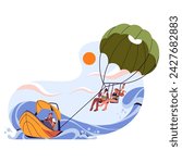 Parasailing on summer holiday, sea vacation. People fun, flying, parascending in sky. Boat pull parachute by rope above water. Extreme sport. Flat isolated vector illustration on white background