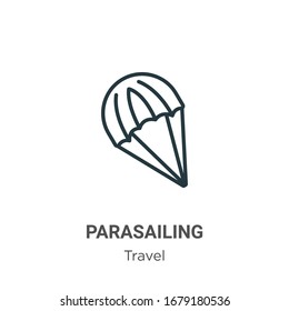 Icono de vector de contorno parasailing. Icono de parascending negro en línea delgada, ilustración de elemento simple vector plano del concepto de viaje editable trazo aislado en fondo blanco