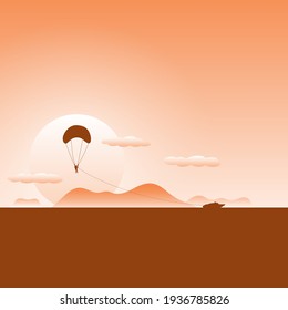 Parasailing or parachute behind a boat on the background of sunset with orange gradient shade illustration vector