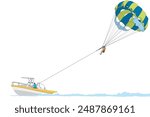 parasailing, person with a colorful parachute being towed by a motor boat on open water isolated on a white background