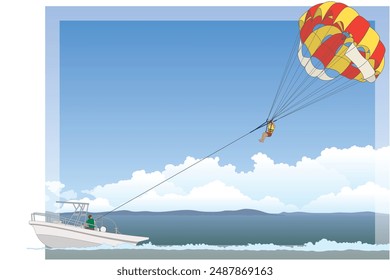 parasailing, person with a red and yellow parachute being towed by a motor boat on open water with sky and clouds in the background