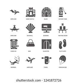 Parasailing, Seashell, Airplane, Sand castle, Flip flops, Elevator, Bag, Towel icon 16 set EPS 10 vector format. Icons optimized for both large and small resolutions.
