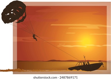 parasailing, silueta de una persona con un paracaídas siendo remolcado por un barco de motor en aguas abiertas con un cielo de puesta de sol en el fondo