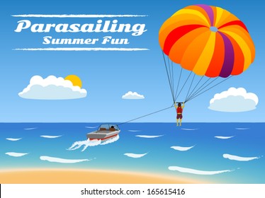 Parasailing - summer kiting activity,  person is towed behind a boat