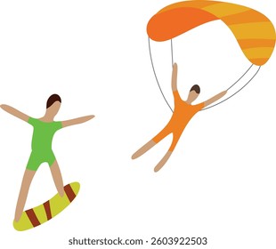 Parasailing and surfing in flat style isolated on white background. Stylized silhouette figures of people