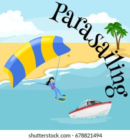 Parasailing water extreme sports backgrounds, isolated design elements for summer vacation activity fun concept, cartoon wave surfing, sea beach vector illustration, active lifestyle adventure