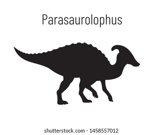 Parasaurilophus. Ornithischian dinosaur. Monochrome vector illustration of silhouette of prehistoric creature parasaurolophus isolated on white background. Stencil. Huge fossil dinosaur.