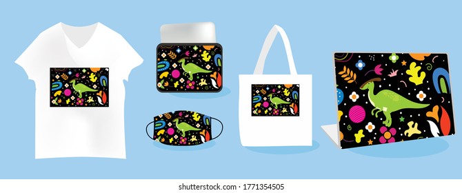 Parasaurolophus background with Mockup templates vector illustration. tote bag, pouch, t-shirt, mask, skin laptop