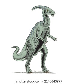 Dinosaurio de Parasaurolophus aislado en fondo blanco, ilustración vectorial del estilo del libro de historietas