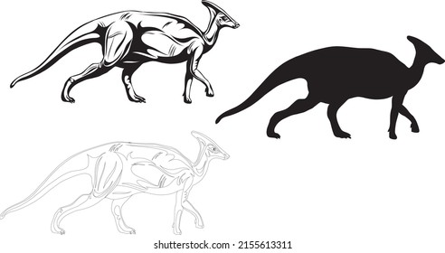 Parasaurolophus, dinosaur realistic image, vector, positions, illustration, black and white, silhouette, logo, trademark, chevron for decoration and design, packaging and posters