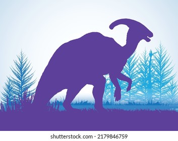 Parasaurolophus Dinosaurs silhouettes in prehistoric environment overlapping layers; decorative background banner abstract vector illustration