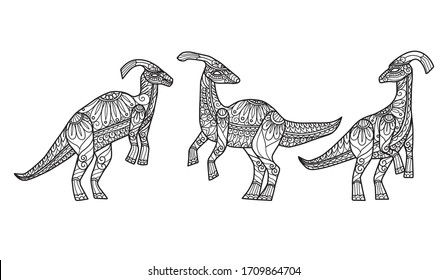 Parasaurolophus Dinosaurs.
Zentangle stylized cartoon isolated on white background. 
Hand drawn sketch illustration for adult coloring book. 
