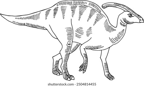 Parasaurolophus drawing. Ancient predator. Prehistoric reptile sketch