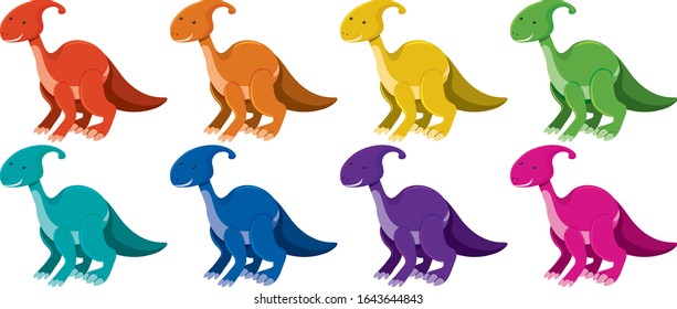 Parasaurolophus in eight different colors illustration