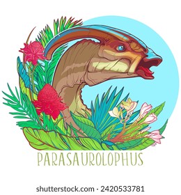 Parasaurolophus head, surrounded by the lush tropical plants and flowers. Dinosaurus is trumpeting. Linear drawing vividly colored and isolated on a white. Paleoart vector illustration.