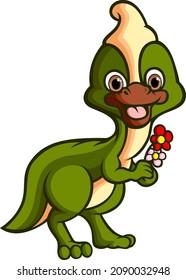 The parasaurolophus is holding colorful flowers of illustration