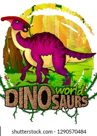 Parasaurolophus on the background of the forest. Vector logo. Dinosaur world