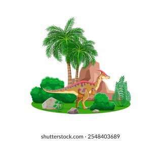 Personaje de dinosaurio prehistórico Parasaurolophus parado en un exuberante terreno verde con helechos y rocas circundantes. Vector de dibujos animados aislado dino juguetón con una distintiva cresta roja y marcas azules