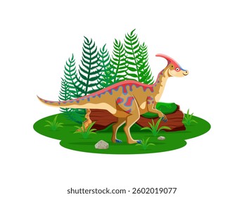 Parasaurolophus prehistoric dinosaur character standing on lush green terrain with surrounding ferns and rocks. Isolated cartoon vector playful dino with a distinctive red crest and blue markings