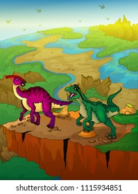 Parasaurolophus and raptor with landscape background. Vector illustration.