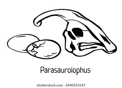 Parasaurolophus scull with eggs. Hand drawn black line art vector illustration. Triceratops. Doodle simple skull skeleton, egg for archaeological, paleontological, alchemy poster, book, game.