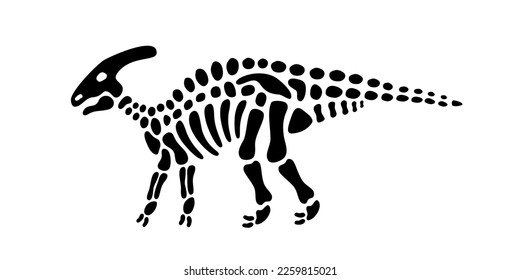 Parasaurolophus skeleton. Parasaurolophus fossil body parts. Dinosaur bones with skull. Dangerous ancient predator. Prehistoric creature bones