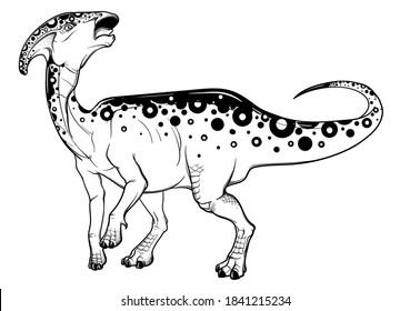 Parasaurolophus standing on four communicating with a herd. Black linear hand drawing isolated on a white background. Coloring Book page. EPS10 Vector illustration