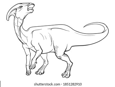 Parasaurolophus standing on four communicating with a herd. Black linear hand drawing isolated on a white background. Coloring Book page. EPS10 Vector illustration