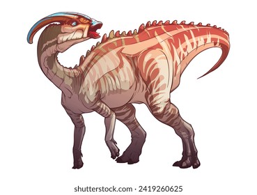 Parasaurolophus standing on four legs in alert posture with a head turned back, animal is trumpeting. Linear drawing vividly colored and isolated on a white background. Paleoart vector illustration.