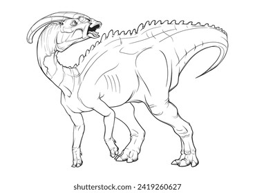 Parasaurolophus standing on four legs in alert posture with a head turned back, animal is trumpeting. Black linear drawing isolated on a white background. Coloring Book page. Paleoart.