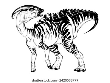 Parasaurolophus standing on four legs in alert posture with a head turned back, animal is trumpeting. Black linear drawing isolated on a white background. Coloring Book page. Paleoart.