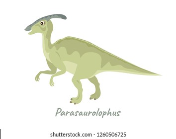 Parasaurolophus. Vector cute flat dinosaur. Funny cartoon illustration isolated on white.