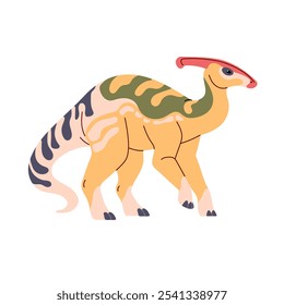 Parasaurolophus camina. Dinosaurio grande con la cresta en la cabeza. Dino salvaje con piel estampada. Reptil antiguo, animal de la era Jurásica. Paleontología. Ilustración vectorial aislada plana sobre fondo blanco