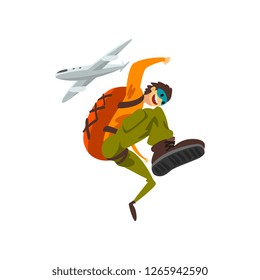 Paraschutist jumping out of an airplane, skydiving, parachuting extreme sport vector Illustration on a white background