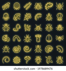 Parasite icons set. Outline set of parasite vector icons neon color on black