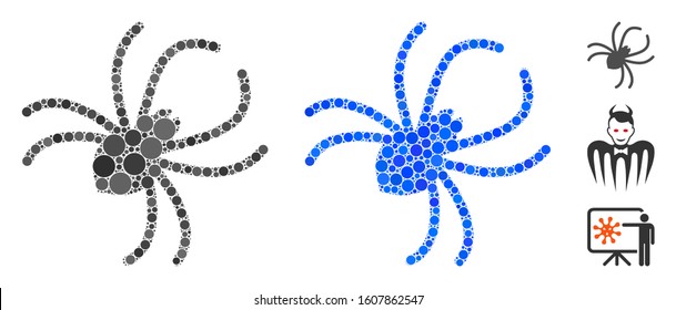 Parasite spider mosaic of small circles in different sizes and color tints, based on parasite spider icon. Vector small circles are combined into blue mosaic.