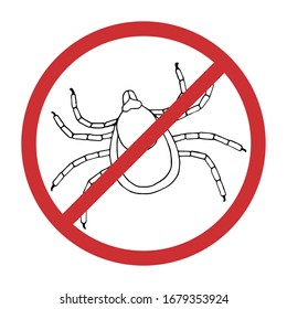 Signo de advertencia de parásito. Ningún icono de ácaro blanco y negro aislado en fondo blanco. Arachnid dibujado a mano. Ilustración del vector