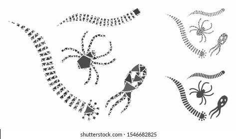Parasites composition of unequal pieces in various sizes and color tinges, based on parasites icon. Vector rugged pieces are organized into collage. Parasites icons collage with dotted pattern.