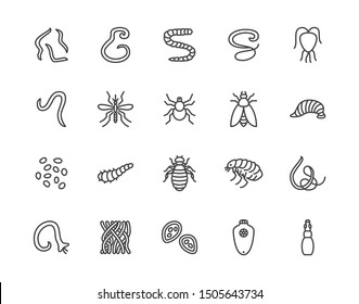 Parasites flat line icons set. Intestinal worm, helminth, sandfly, tick, dog flea, leech, qiardia, dengue mosquito illustrations. Outline signs for parasitology. Pixel perfect. Editable Strokes.